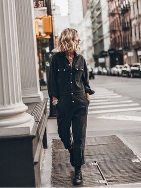 Mikuta The Charcoal Jumpsuit Women's Black Utility Button-Front Jumpsuit Large